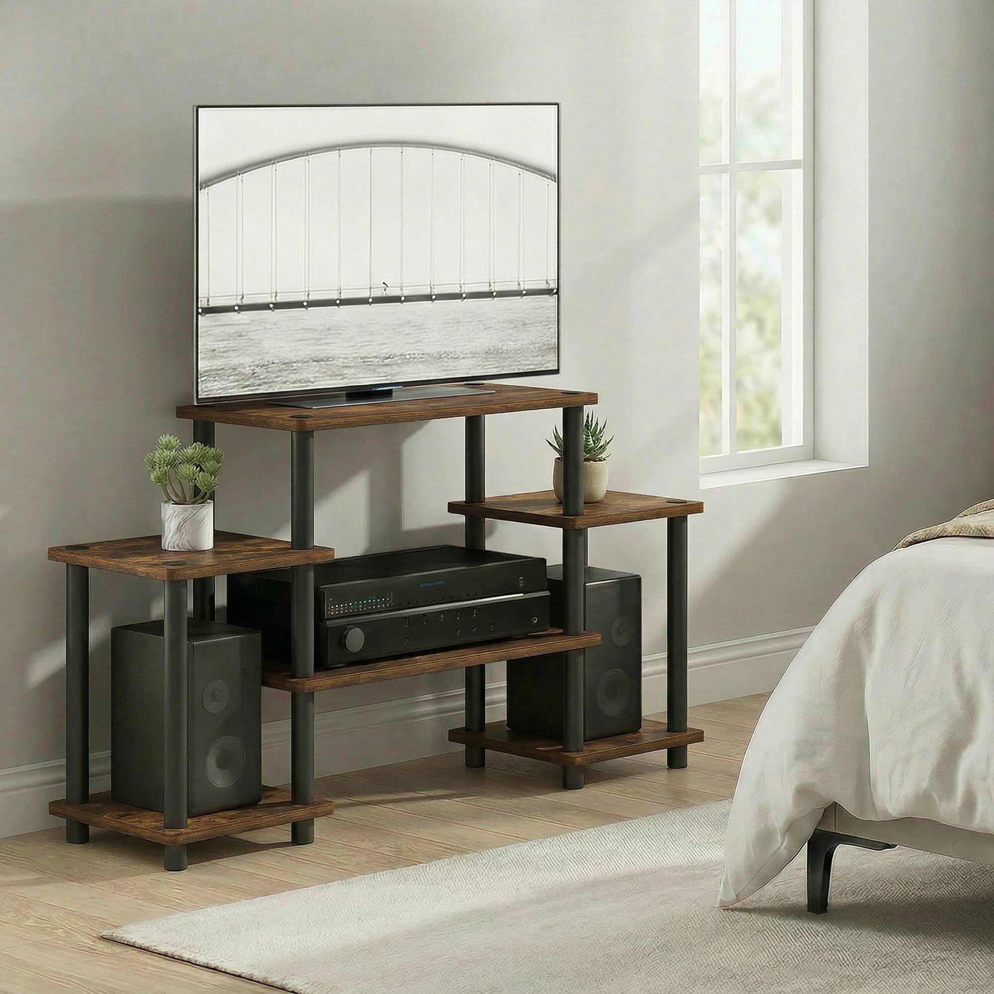 Alt View 2. Furinno - TURN-N-TUBE TV Stand, Entertainment Center with Open Shelves, Toolless TV Console with Raised Top for TV up to 32 Inch - Amber Pine/Black.