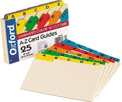 Oxford  
LAMINATED COLOR - 1/5 CUT TABS  
A-Z Card Guides  
25  
4"x6" (10.2 x 13.2cm)  
04835  

A B C D E  
F G H I J  
K L M N O  
P Q R S T  
U V W X Y Z  

A B C D E  
F G H I J  
K L M N O  
P Q R S T  
U V W X Y Z
