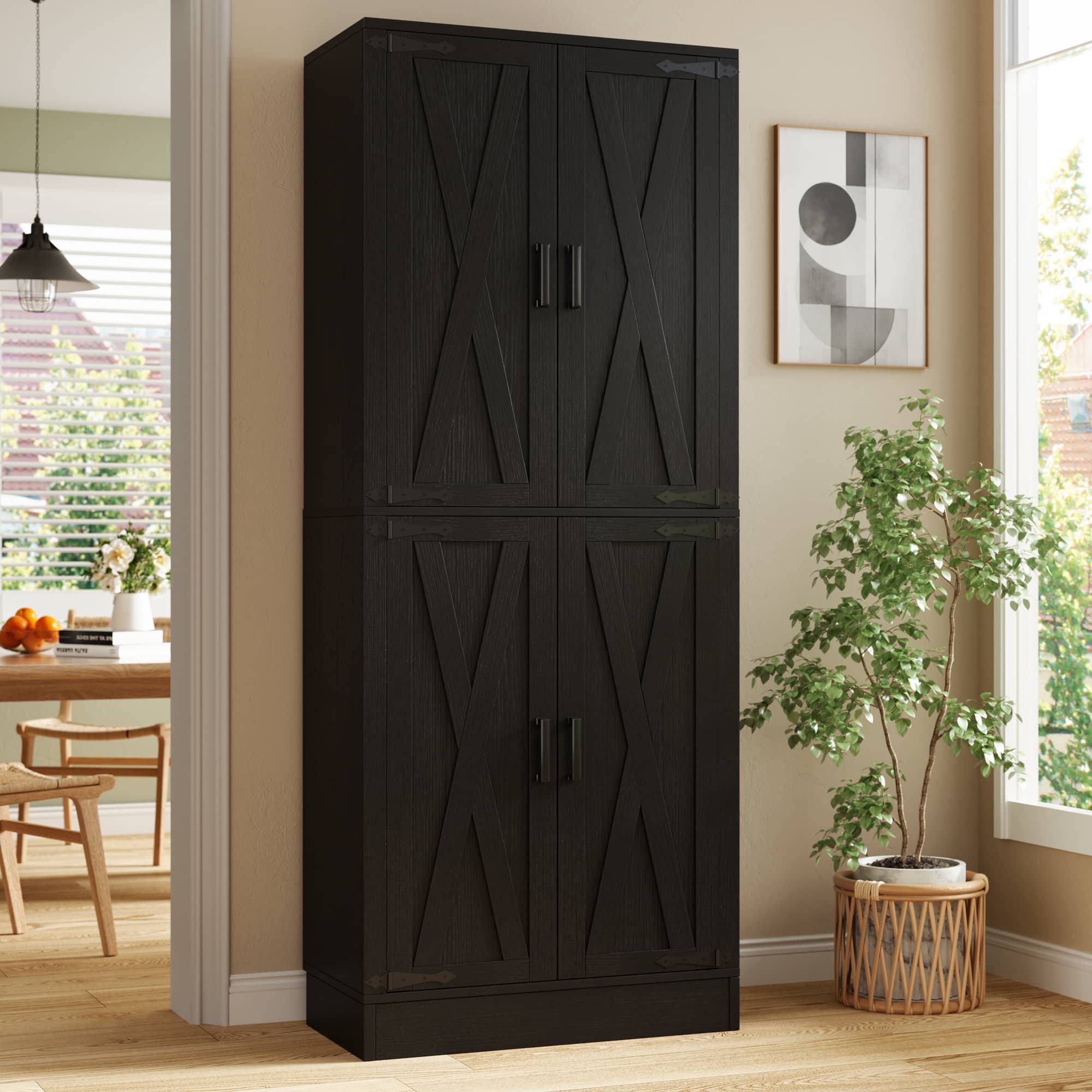 Aheaplus - 71'' Tall Farmhouse Pantry Storage Cabinet with 4 Barn Doors and Drawer, Cupboard with Adjustable Shelves - Black