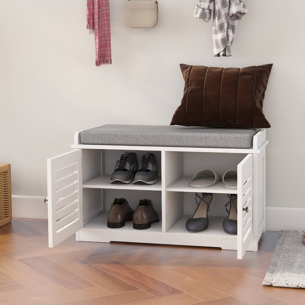 Back. Ropilly - Ropilly White Shoe Storage Bench with Padded Seat Cushion, Modern Entryway Bench with Barn Doors - White.