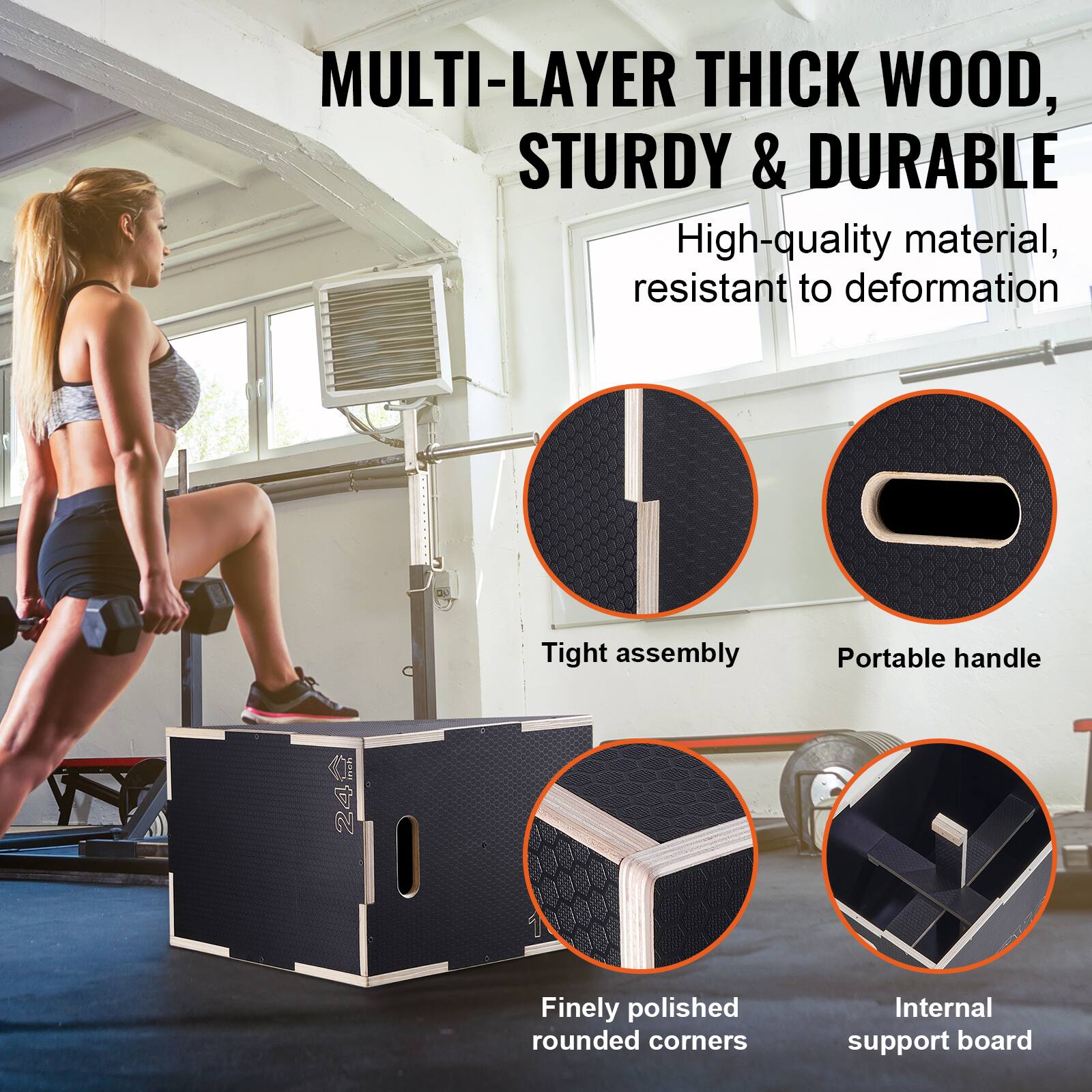 Here is the corrected and grouped text:

**MULTI-LAYER THICK WOOD, STURDY & DURABLE**

- High-quality material, resistant to deformation
- Tight assembly
- Portable handle
- Finely polished rounded corners
- Internal support board