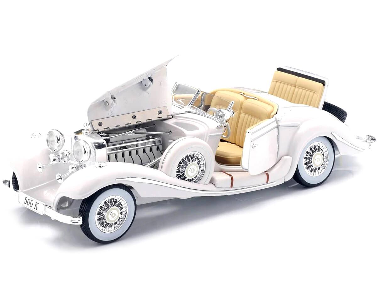Alt View 1. Maisto - 1936 Mercedes Benz 500 K Special Roadster White 1/18 Diecast Model Car by Maisto.