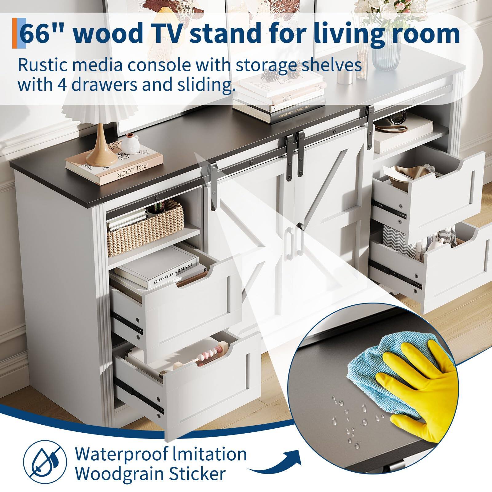 66" wood TV stand for living room  
Rustic media console with storage shelves with 4 drawers and sliding.  
Waterproof Imitation Woodgrain Sticker