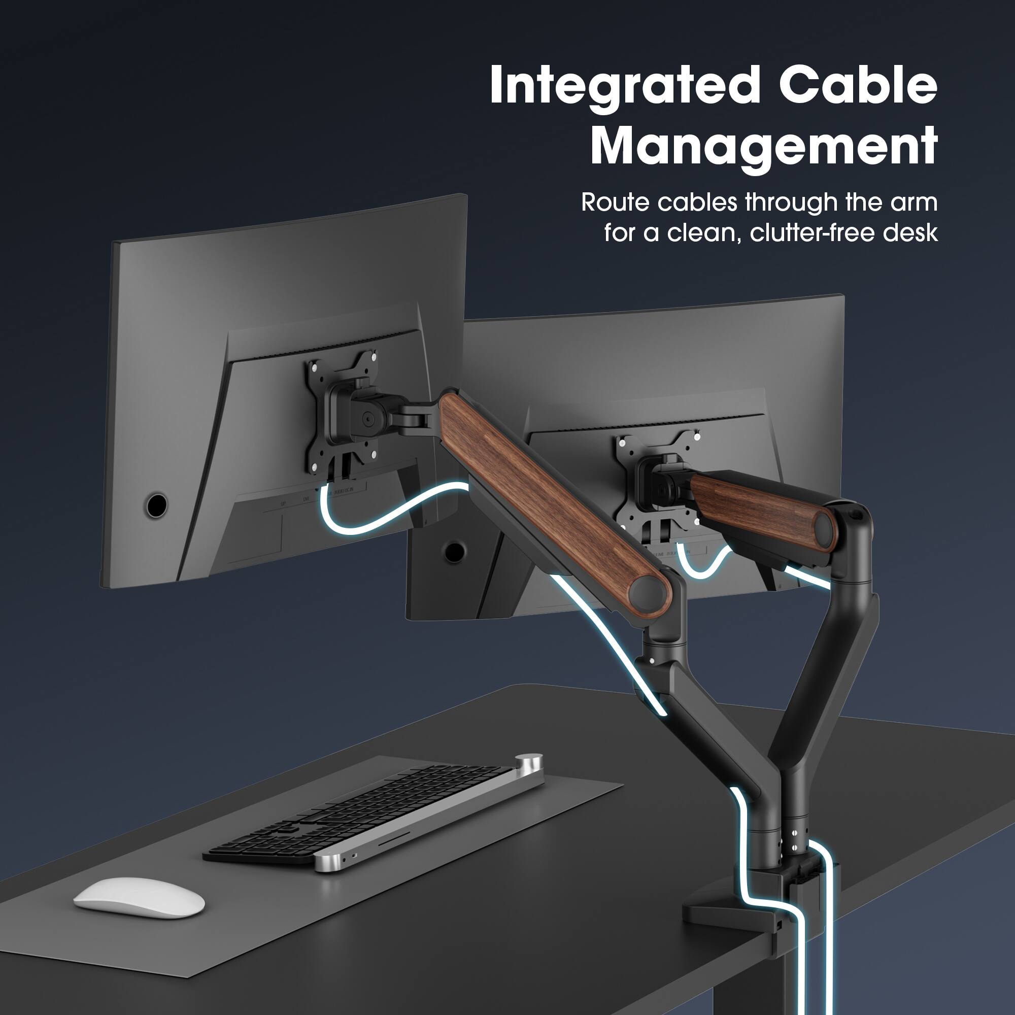 Integrated Cable Management  
Route cables through the arm for a clean, clutter-free desk