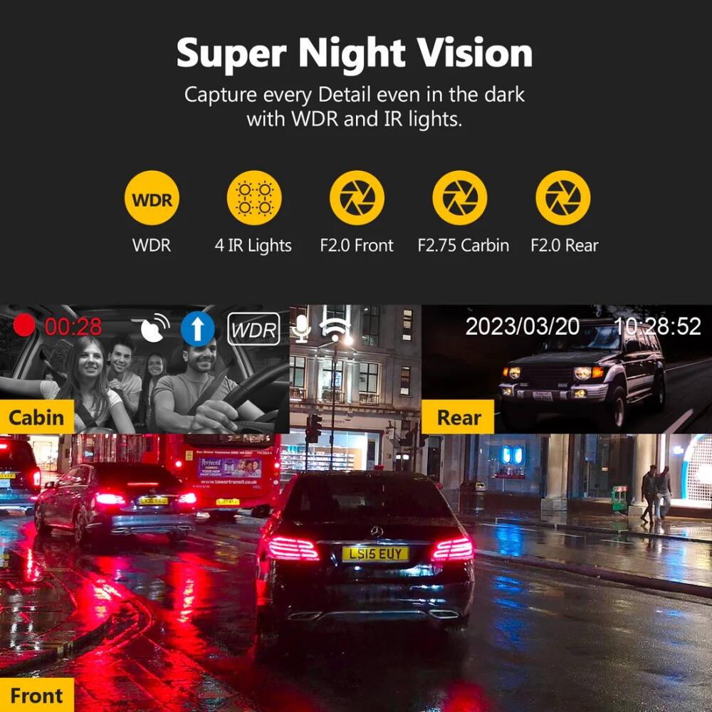 Super Night Vision, Capture every Detail even in the dark with WDR and IR lights., WDR, 4 IR Lights, F2.0 Front, F2.75 Carbin, F2.0 Rear, 00:28, WDR, 2023/03/20 10:28:52, Cabin, Rear, Front, Srind Io - LSI5 EUY.