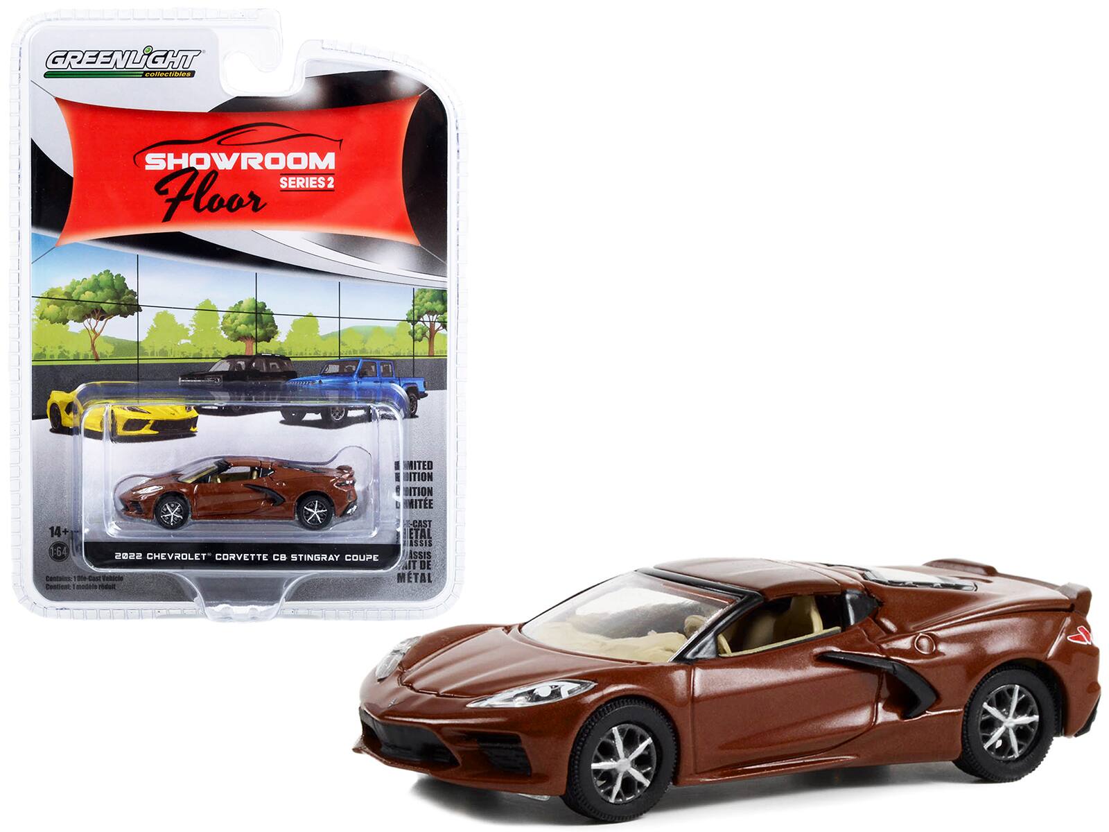 GREENLiGHT  
collectibles  

SHOWROOM  
Floor  
SERIES 2  

14+  
1:64  

2022 CHEVROLET CORVETTE C8 STINGRAY COUPE  

Contains 1 die-cast Vehicle  
Contient 1 voiture en métal  
Incluye 1 coche de metal  

LIMITED EDITION  
EDICIÓN LIMITADA  
ÉDITION LIMITÉE  

CAST METAL  
CAST METAL  
CAST METAL