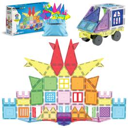 PicassoTiles - Magnetic Tiles for Kids, 100PC Full Size Travel Building Set with Storage Bag, STEM Educational Toy