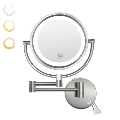 Earthley Blooms - Wall Mounted Hardwired Makeup Mirror With 3 Tones Dimmable Led Lights 10x Magnifying Touch Control For Ba - Brushed Nickel-touch Control-14"L x 8"W
