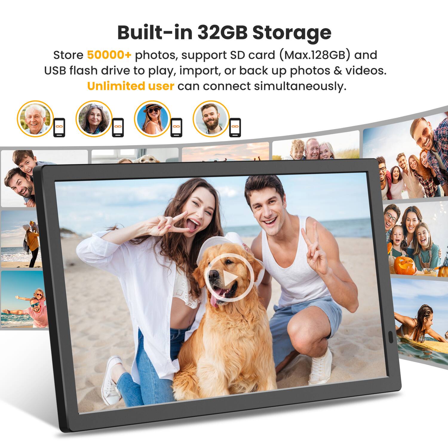 Built-in 32GB Storage

Store 50000+ photos, support SD card (Max.128GB) and USB flash drive to play, import, or back up photos & videos. Unlimited user can connect simultaneously.