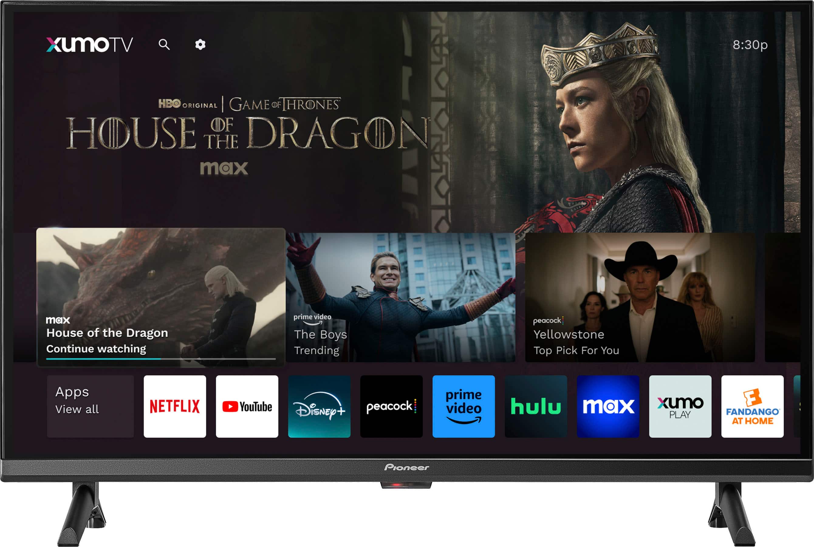 XUMOTV Q 8:30p HBO ORIGINAL | GAME OF THRONES OF HOUSE THE DRAGON max max House of the Dragon Continue watching prime video The Boys Trending peacock Yellowstone Top Pick For You Apps View all NETFLIX YouTube Disney+ peacock prime video hulu max xumo F PLAY FANDANGO AT HOME Pioneer
