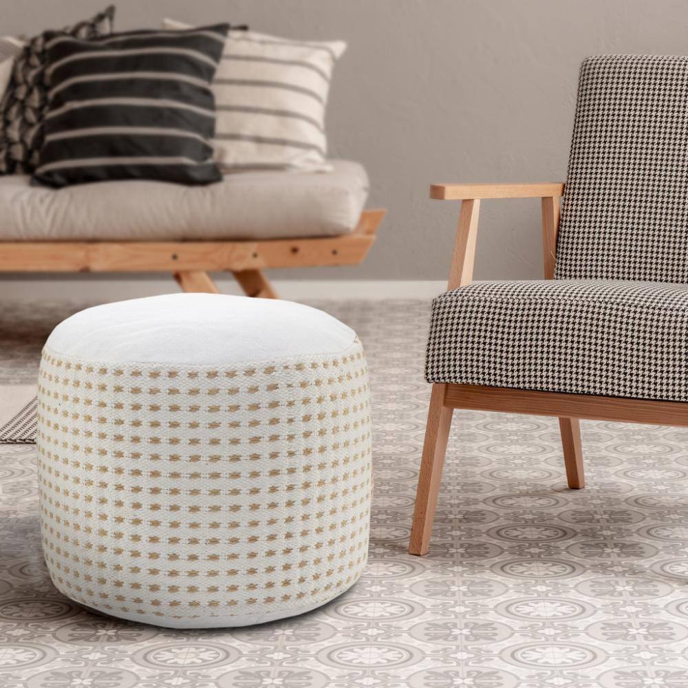 Left. Hivvago - Hivvago 18 Inch Jute Blend Round Geometric Pouf Ottoman - White.