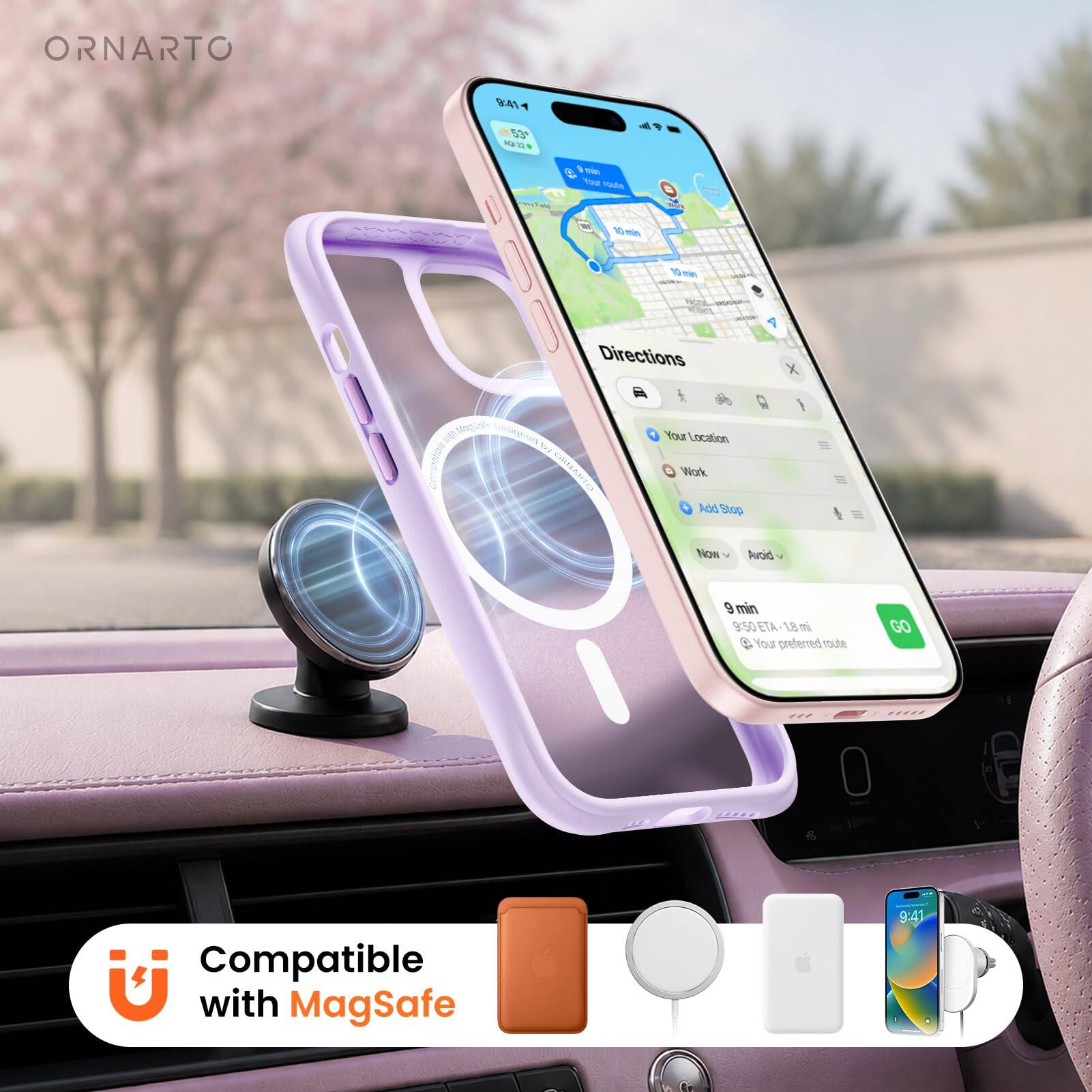 ORNARTO

Directions
Your Location
Work
Add Stop

Now
9 min
ETA 18 m
Your preferred route

Compatible with MagSafe

9:41