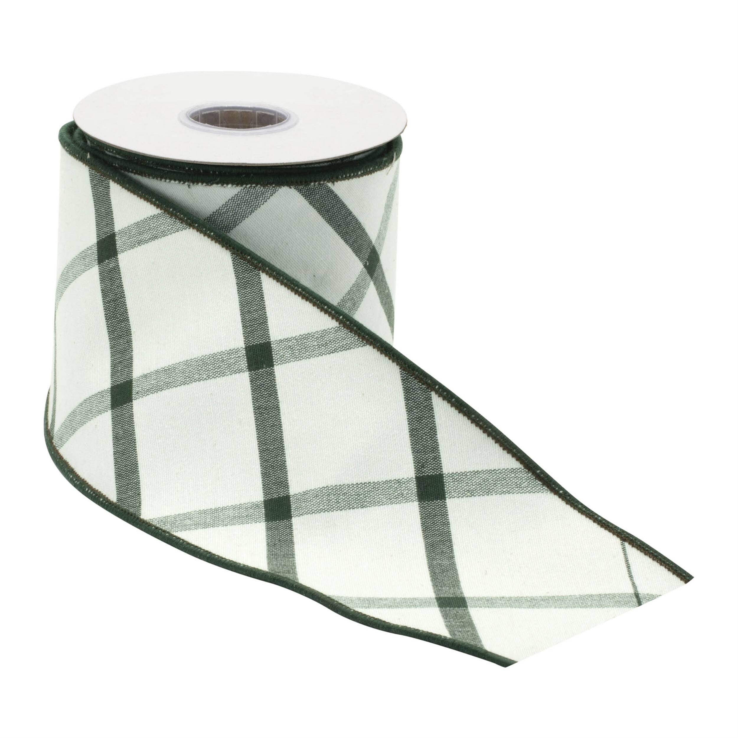 Angle. BreeBe - Plaid Wired Ribbon 4" x 5 Yds - White, Green.