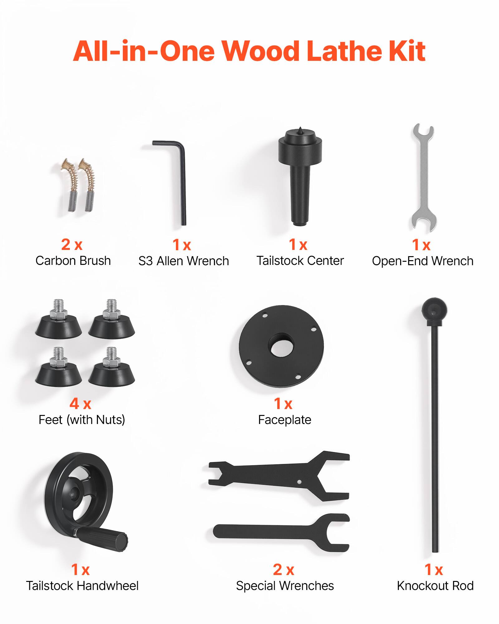 All-in-One Wood Lathe Kit

2x Carbon Brush
1x S3 Allen Wrench
1x Tailstock Center
1x Open-End Wrench
4x Feet (with Nuts)
1x Faceplate
1x Tailstock Handwheel
2x Special Wrenches
1x Knockout Rod