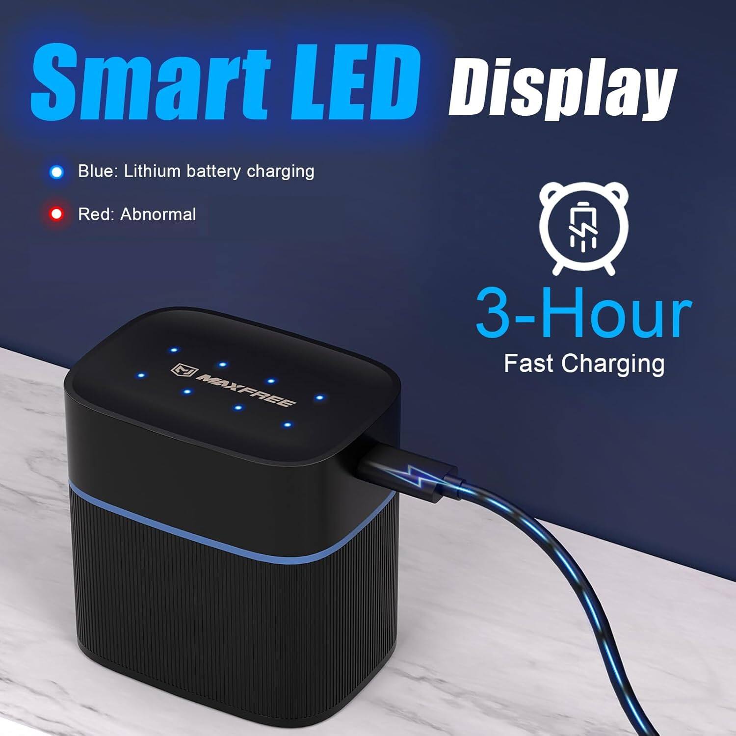 Smart LED Display

Blue: Lithium battery charging  
Red: Abnormal

MAXFREE  
3-Hour Fast Charging