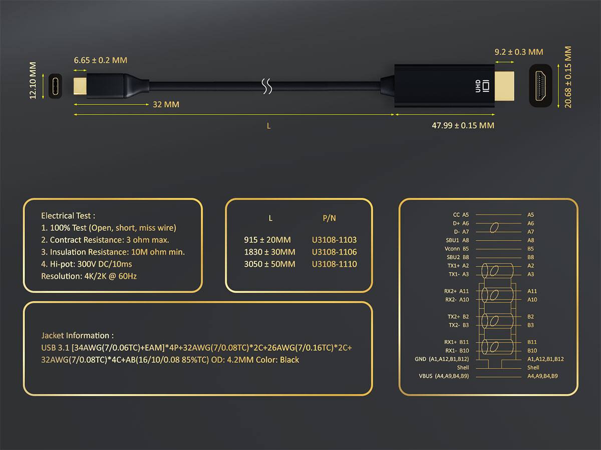 MM 12.10 6.65 ± 0.2 MM  
MM 32 9.2 ± 0.3  
UHD 47.99 ± 0.15  
+1 20.68 ± 0.15  

Electrical Test:  
1. 100% Test (Open, short, miss wire)  
2. Contact Resistance: 3 ohm max.  
3. Insulation Resistance: 10M ohm min.  
4. Hi-pot: 300V DC/10ms  
Resolution: 4K/2K @ 60Hz  

Jacket Information:  
USB 3.1 [34AWG(7/0.06TC)+EAM]*4P+32AWG(7/0.08TC)*2C+26AWG(7/0.16TC)*2C+  
32AWG(7/0.08TC)*4C+AB(16/10/0.0885% OD: 4.2MM Color: Black  

GND (A1, A1