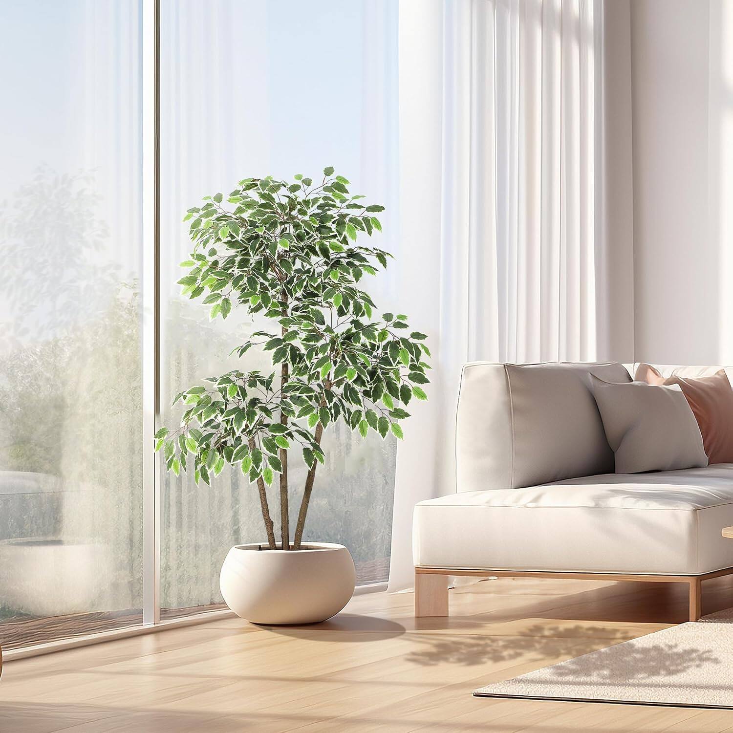 Alt View 1. Homhougo - 5ft Artificial Ficus Tree,Tall Faux Floor Plant with White Tall Planter -Fake Plants for Home Decor Indoor - Green.