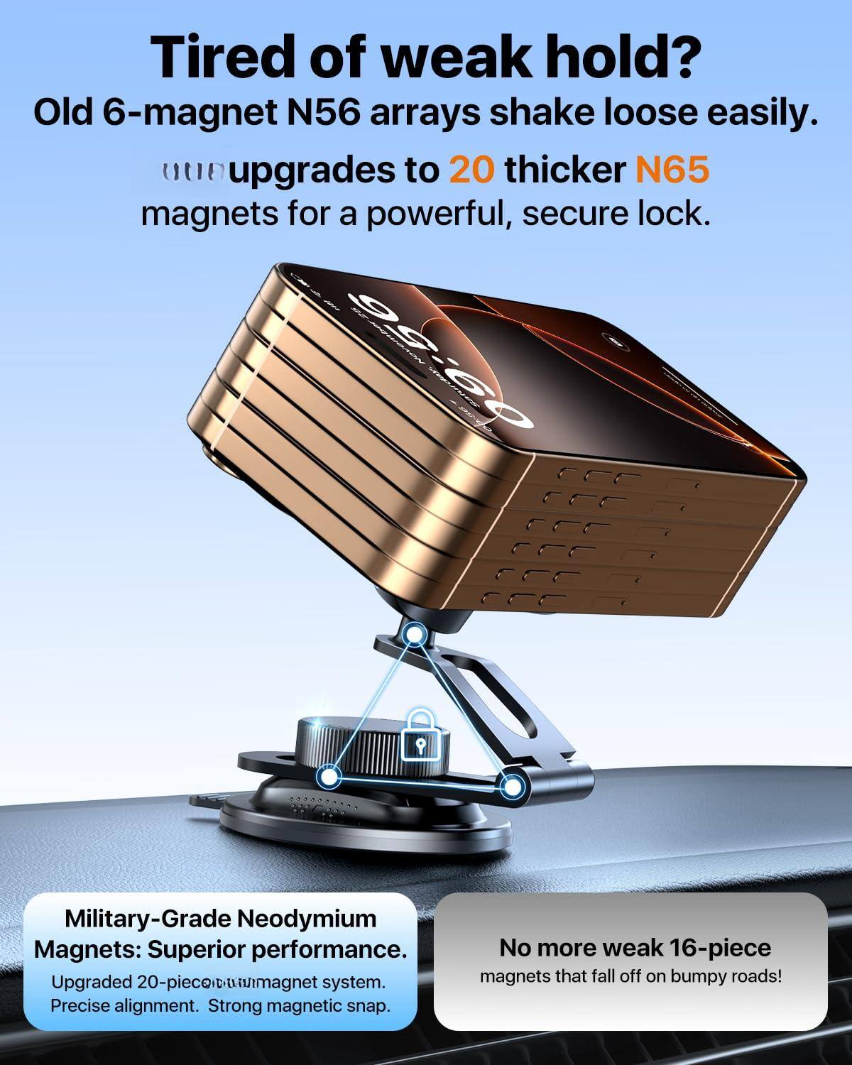 Tired of weak hold?  
Old 6-magnet N56 arrays shake loose easily.  
Upgrades to 20 thicker N65 magnets for a powerful, secure lock.  

Military-Grade Neodymium Magnets: Superior performance.  
Upgraded 20-piece magnet system.  
Precise alignment.  
Strong magnetic snap.  

No more weak 16-piece magnets that fall off on bumpy roads!