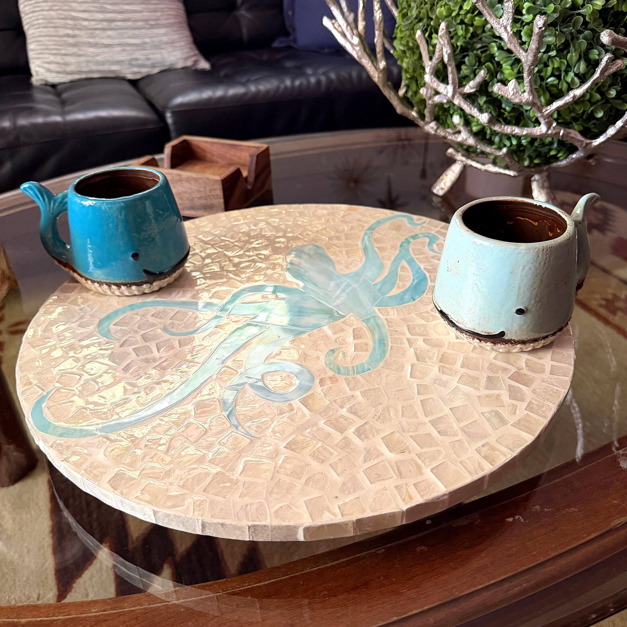 Alt View 6. Zeckos - Octopus Lazy Susan 16 in Capiz Shell Mosaic Rotating Tray Coastal Decor - Light Blue.
