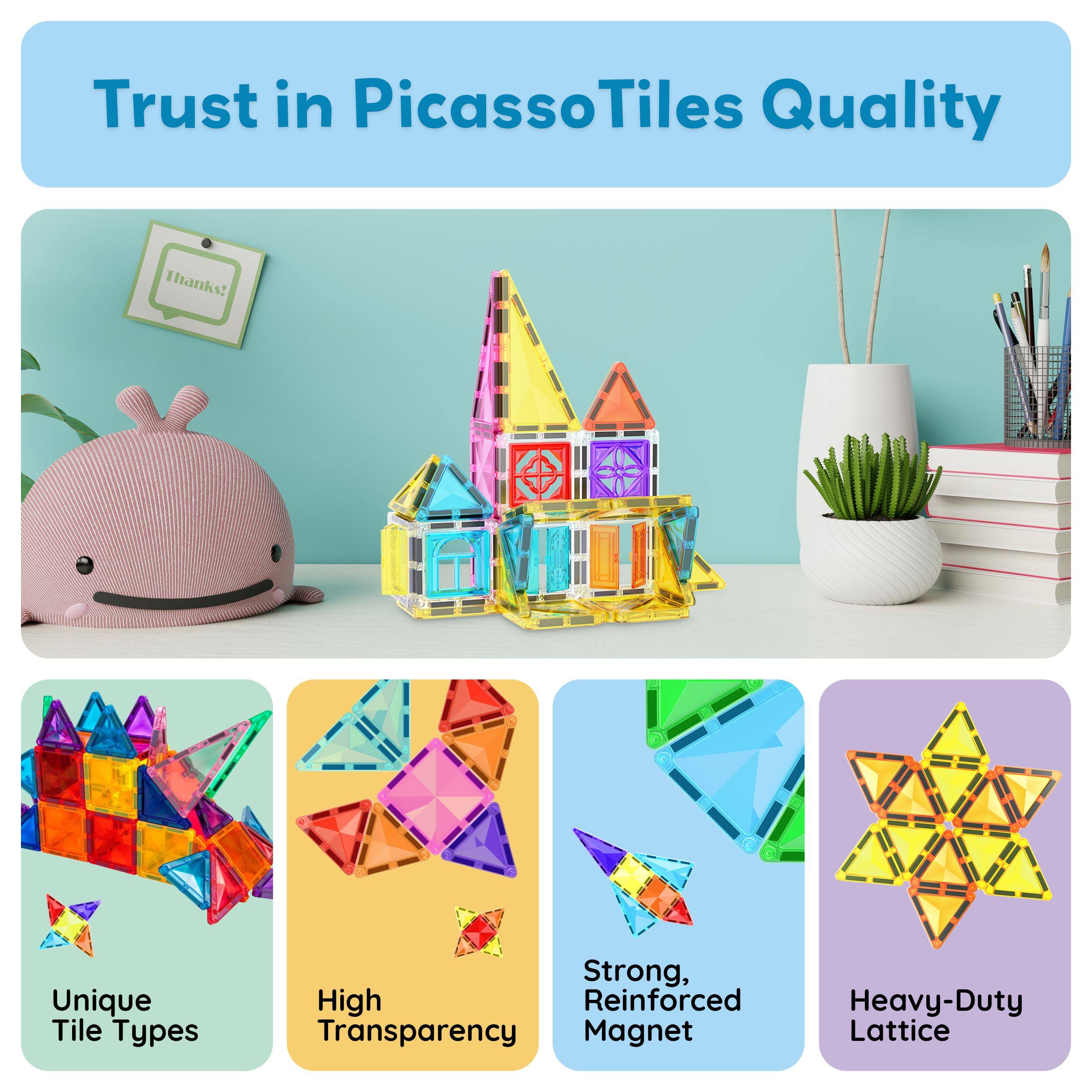 Trust in PicassoTiles Quality

- Unique Tile Types
- High Transparency
- Strong, Reinforced Magnet
- Heavy-Duty Lattice