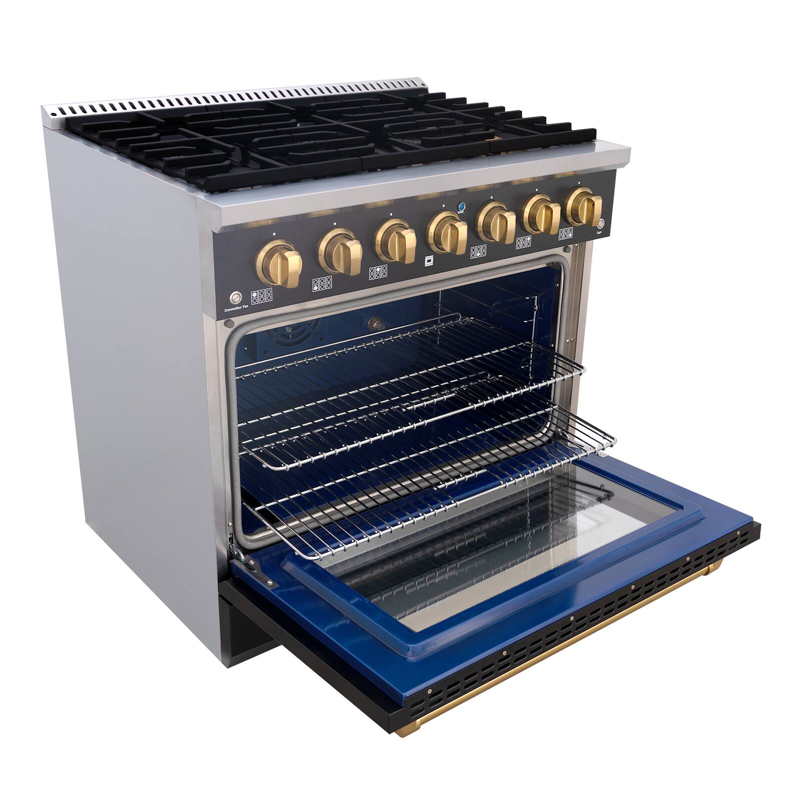 Angle. Akicon - Akicon 5.2 Cu.ft Slide-in Freestanding Gas Convection Range with 6 Burners and Cast Iron Grates in Black with Gold - Black with Gold.