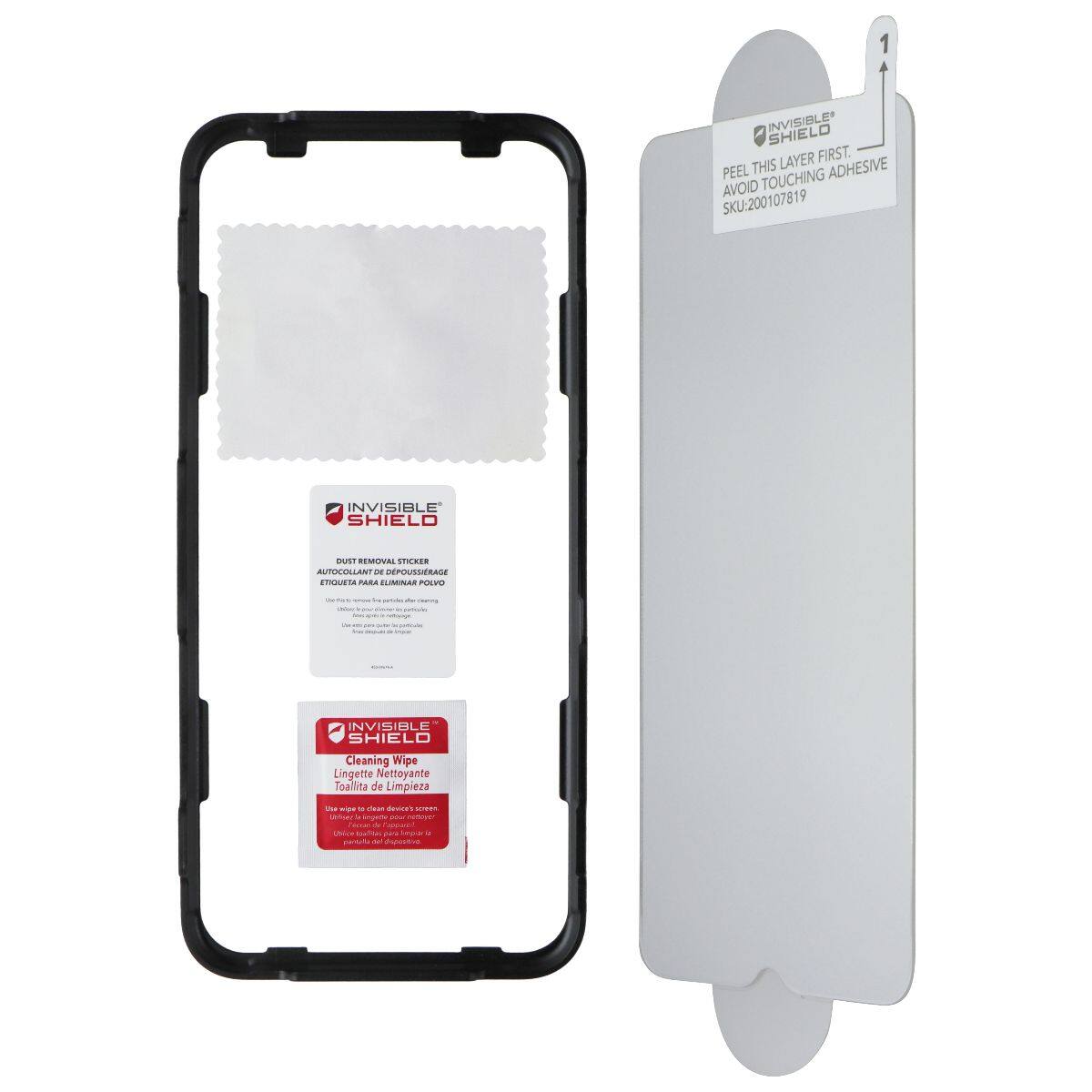 1 INVISIBLE SHIELD LAYER FIRST. PEEL THIS ADHESIVE AVOID TOUCHING SKU:200107819 INVISIBLE SHIELD DUST REMOVAL STICKER AUTO COLLANT DE DEPOSERAGE ETIQUETE PARA ELIMINAR POLVO. INVISIBLE SHIELD Cleaning Wipe Lingette Nettoyante Toallita de Limpieza