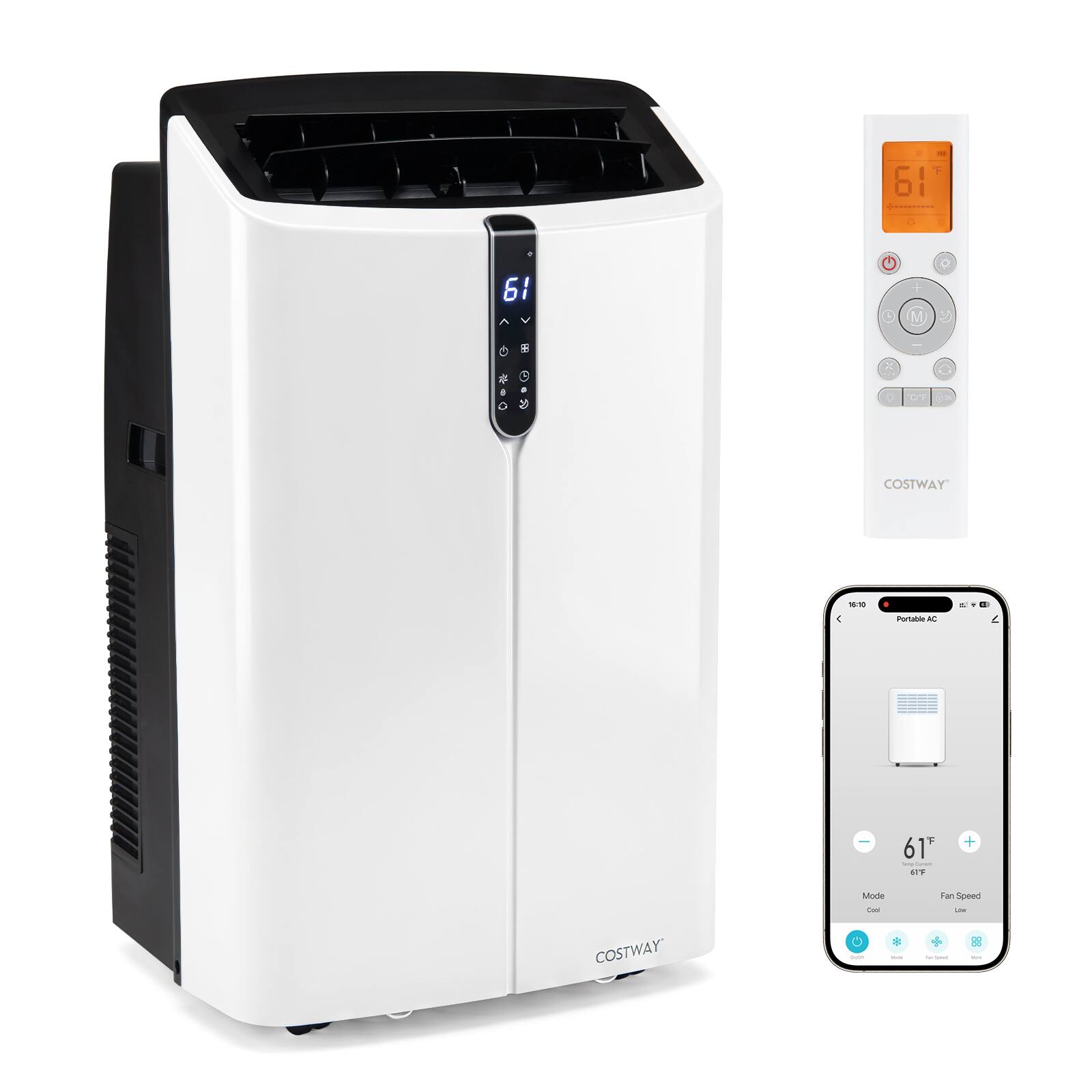 F 61 61 (M) C Vm COSTWAY 4 1 Portable AC - . - oe T 61 Y + Made - Fan Speed - COSTWAY O - +