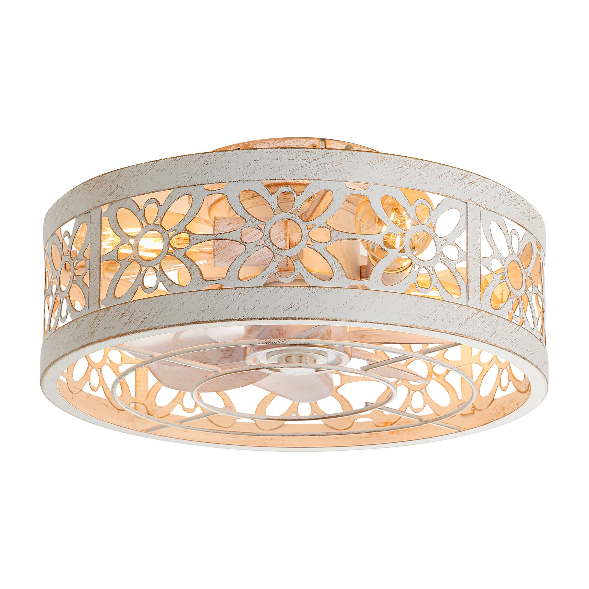 Angle. Breezary - 16.5-In Indoor Flush Mount Cage Ceiling Fan with 7 ABS Blades, 6-Speed DC Motor, Remote Control with Timer - Distressed White and Gold.