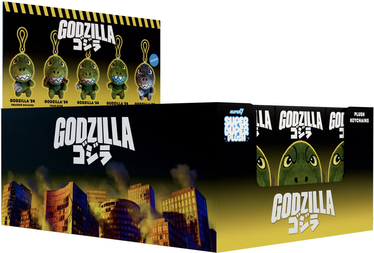 GODZILLA  
GODZILLA '54  
GODZILLA '54  
GODZILLA '54  
GODZILLA '54  
SMASHED BUILDING  
TRAIN RITER  
GODZILLA  
SUPER PLUSH  
PLUSH GODZILLA  
KEYCHAINS