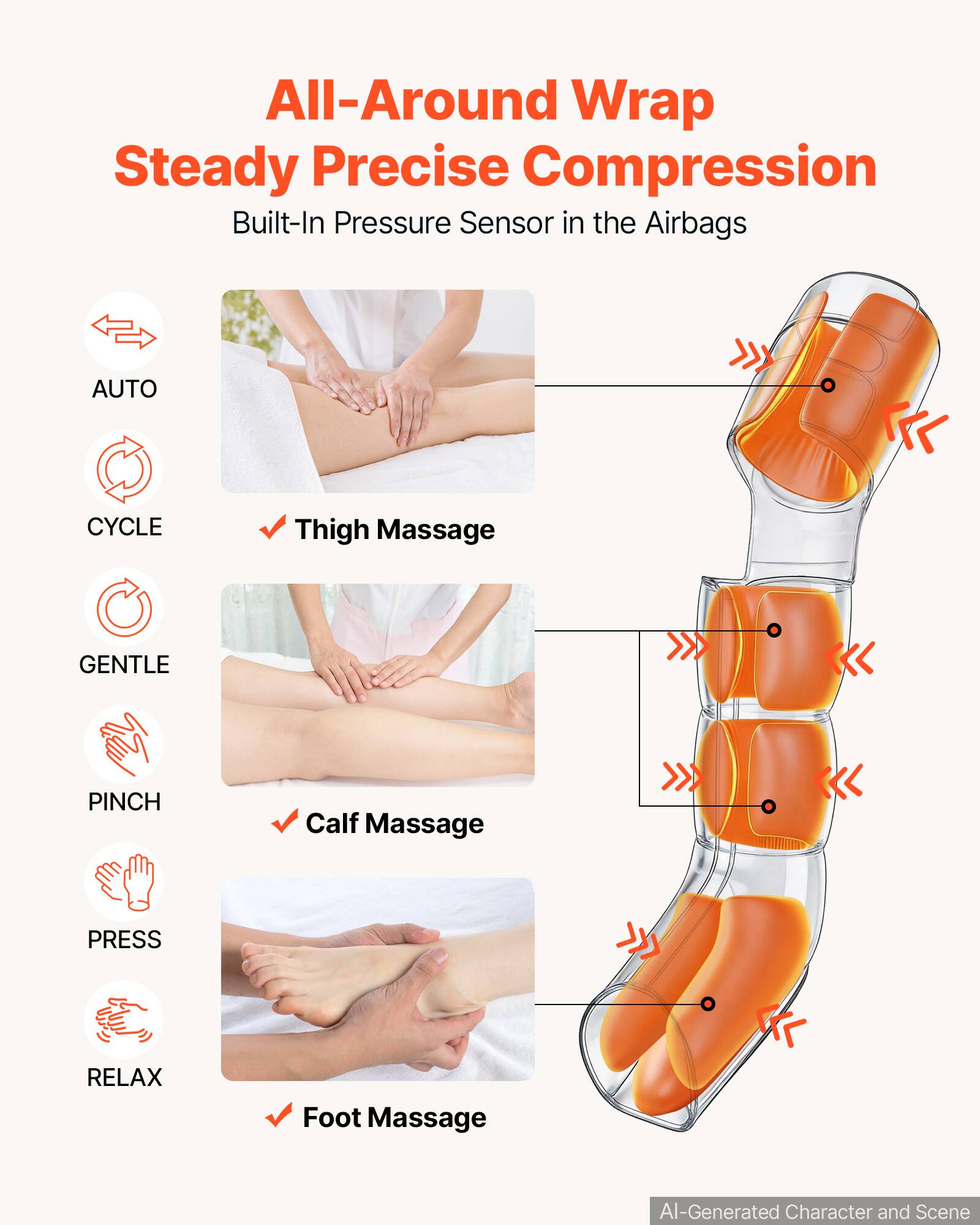 All-Around Wrap Steady Precise Compression  
Built-In Pressure Sensor in the Airbags

AUTO  
CYCLE  
GENTLE  
PINCH  
PRESS  
RELAX

Thigh Massage  
Calf Massage  
Foot Massage

AI-Generated Character and Scene