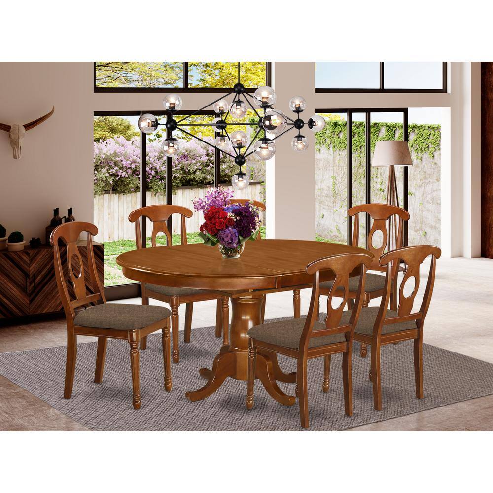 Left. East West Furniture - PONA7-SBR-C 7 Pc Dining room set-and Oval Dining Table with Leaf and 6 Dining Chairs - Saddle Brown.