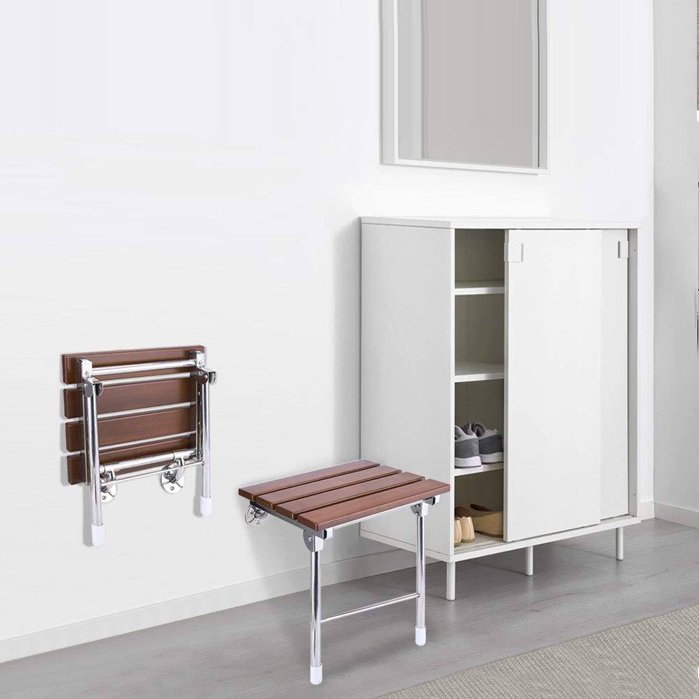 Back. JETRANSPORT - Folding Shower Seat Wall Mounted Bathroom Bathtub Safety Stool Chair Solid Wood With Support Load Of 350 Lbs - Fixed Height Plus WPC.