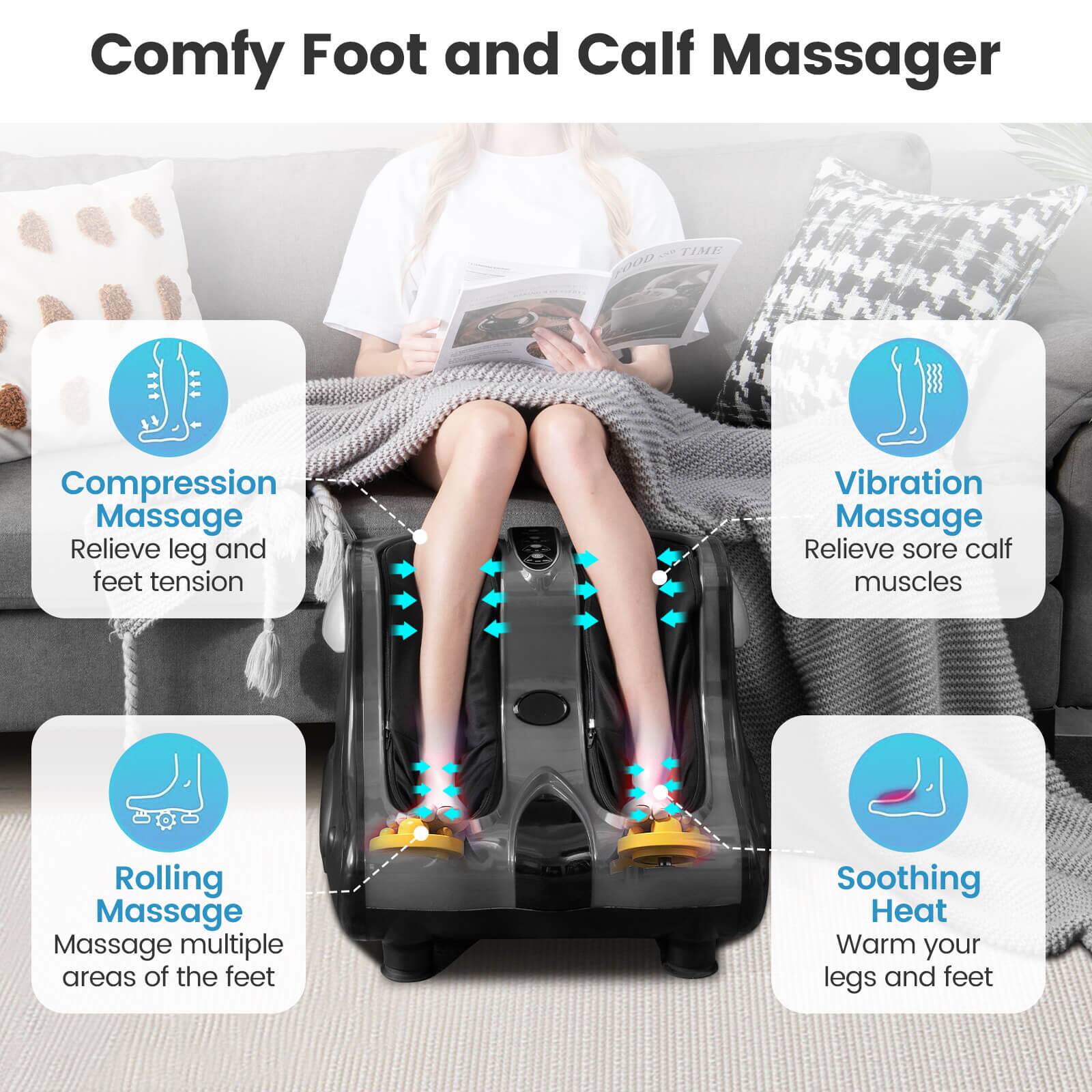 Comfy Foot and Calf Massager TIME 100D Compression Massage Relieve leg and feet tension Vibration Massage Relieve sore calf muscles Rolling Massage Massage multiple areas of the feet Soothing Heat Warm your legs and feet