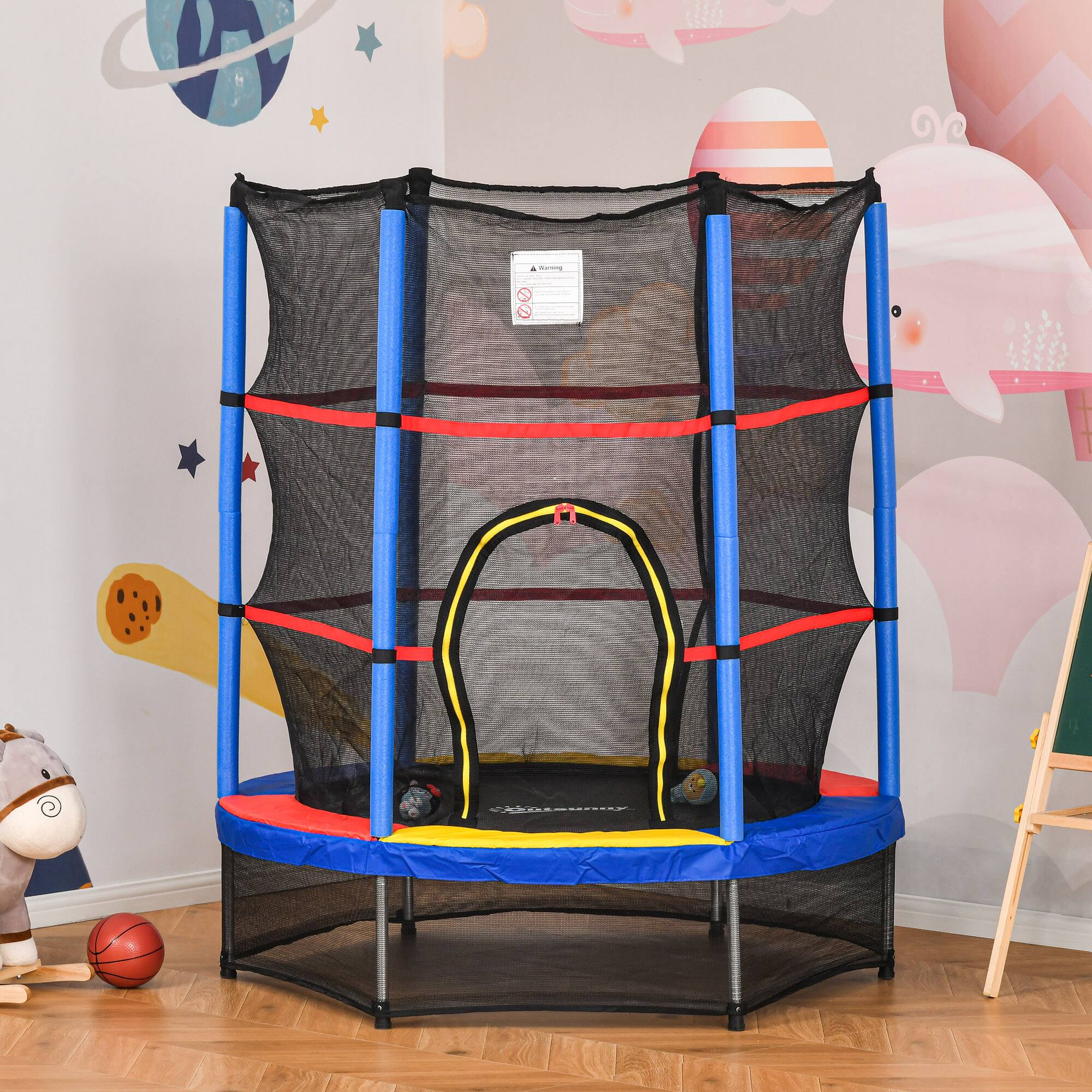 Angle. Outsunny - 5FT Trampoline, 55" Mini Trampoline, Enclosure Net, Safety Pad, Steel Frame, Gift - Mixed Color.