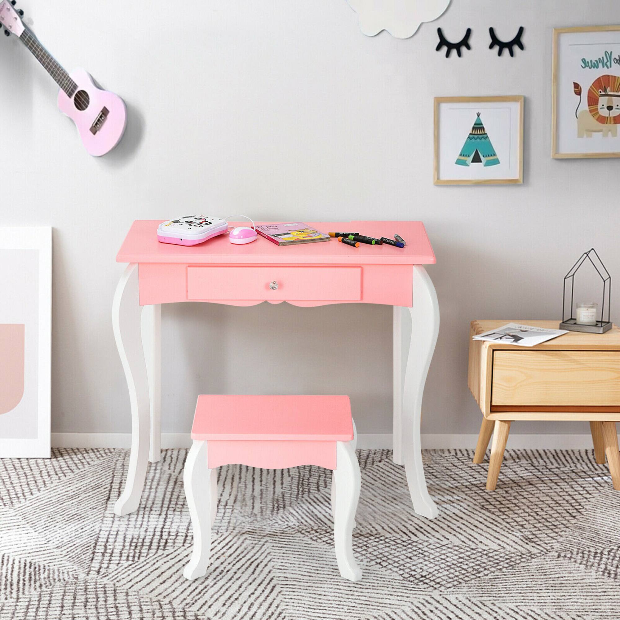 Alt View 3. Costway - Costway Kids Vanity Princess Makeup Dressing Table Stool Set W/ Mirror Drawer - Pink.