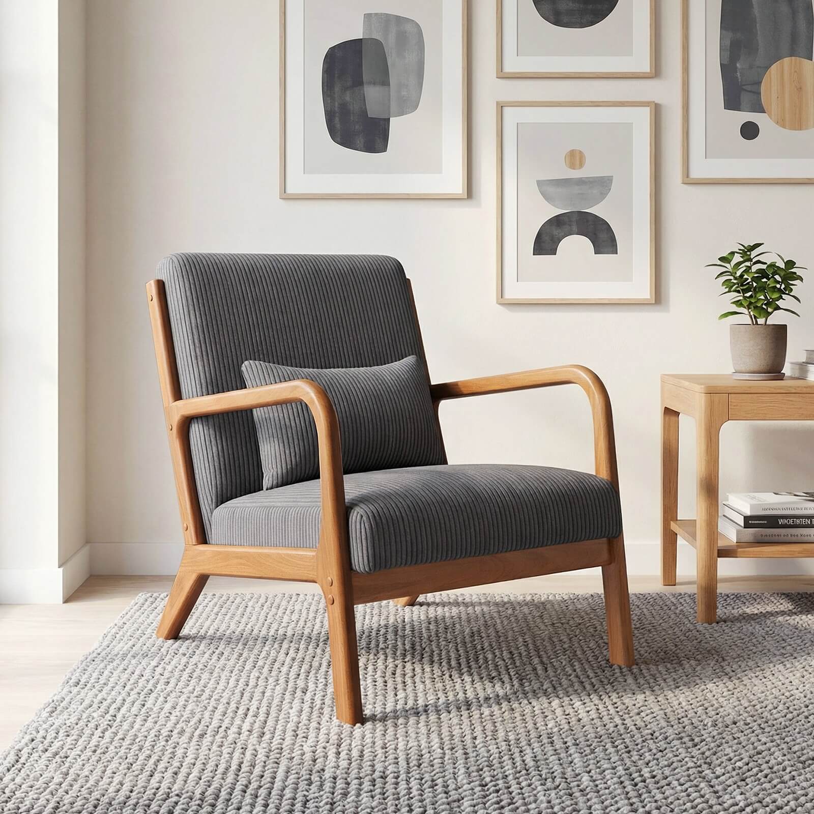 Alt View 3. Costway - Costway 1 PCS Modern Accent Chair, Corduroy Upholstered Lounge Chair with Rubber Wood Armrests - Gray + Brown.