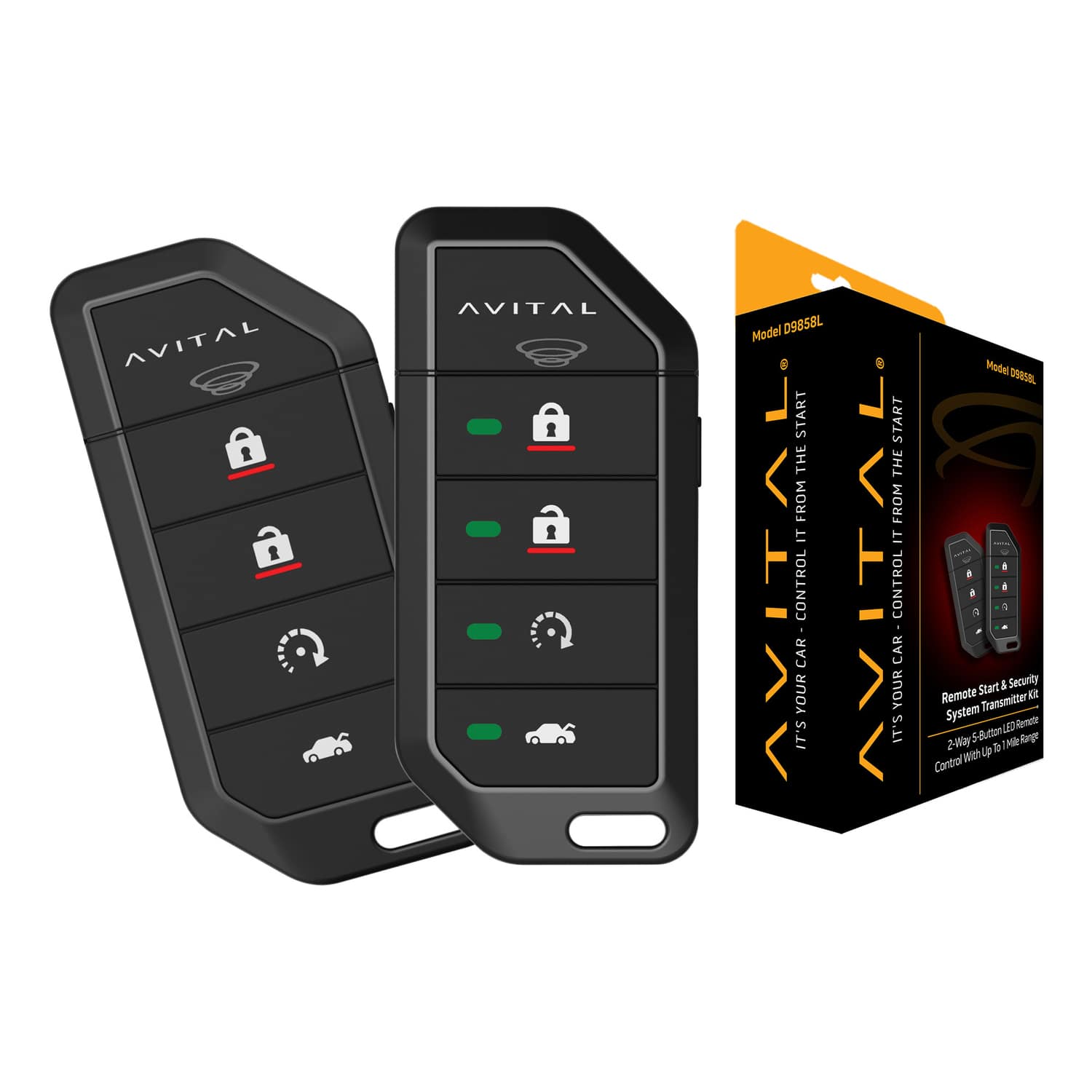 AVITAL - D9858L 2-Way 5-Button LED Remote and 1-Way 5-Button Remote 1-Mile Range for DS3/DS3+ RF Models - Onyx Black