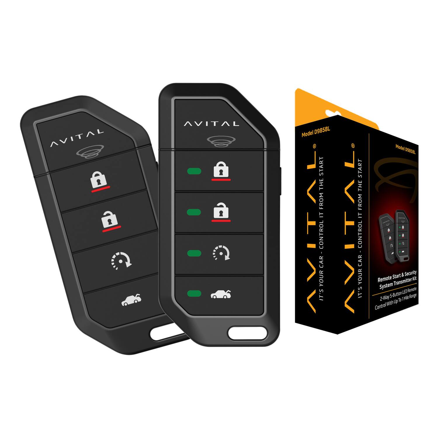 AVITAL Model 09858L

Start the car from it control car your it's start the car from it control car your it's

Model S9858

Start & Security Remote Transmitter System

2-way button LED Remote Control with