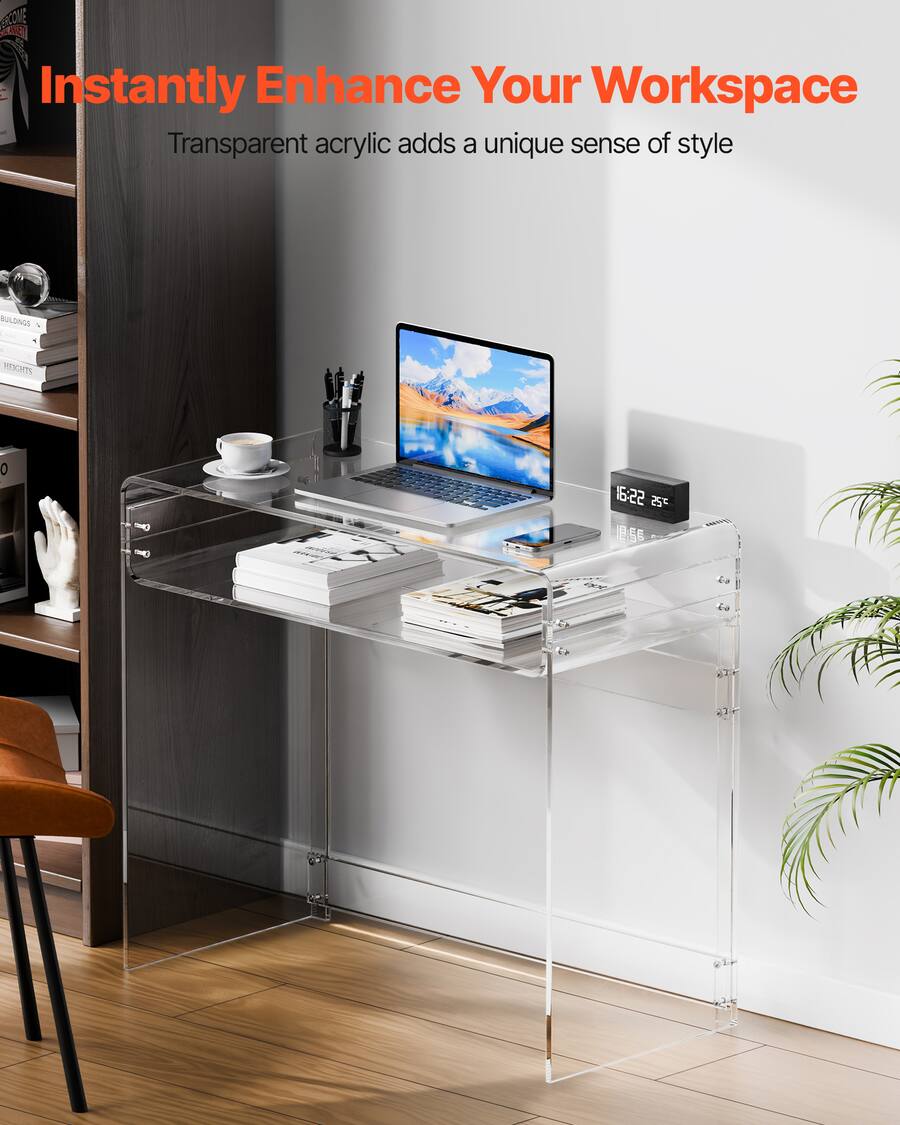 Clear Work Table VEVOR Acrylic Table, 2 Tiers Clear End Table with Storage Shelf, Modern ...