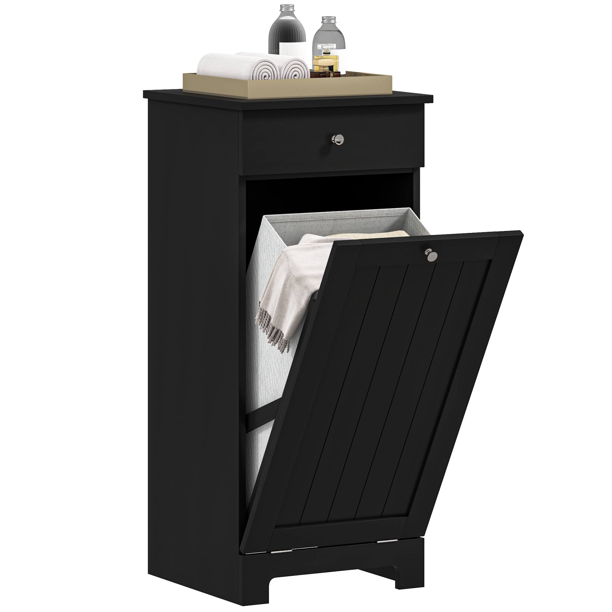 Front. Homcom - Laundry Cabinet with Removable Basket, Tilt Out Laundry Hamper with Drawer and Beadboard Door, Bathroom Hamper Cabinet - Black.