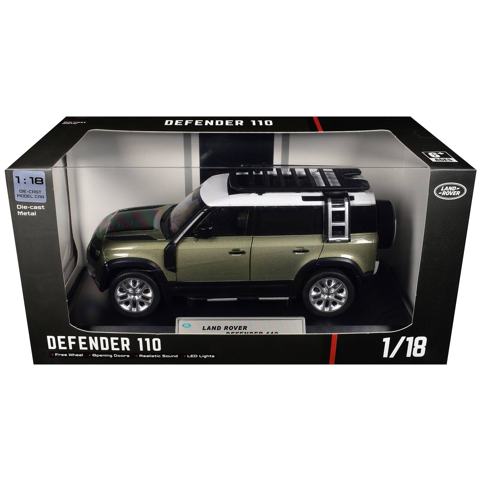 DEFENDER 110  
6+ AGES  
1:18 DE-CAST MODEL CAR  
LAND-ROVER  
Die-cast Metal  
DEFENDER 110 Free Wheel Opening Doors Realistic Sound  
LAND ROVER 440 LED Lights  
1/18