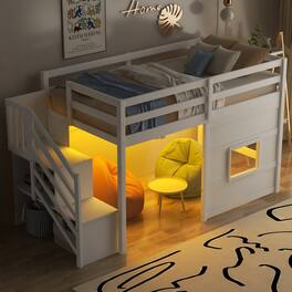 Loheer - Twin Size Loft Bed with Storage Staircase LED Light - White