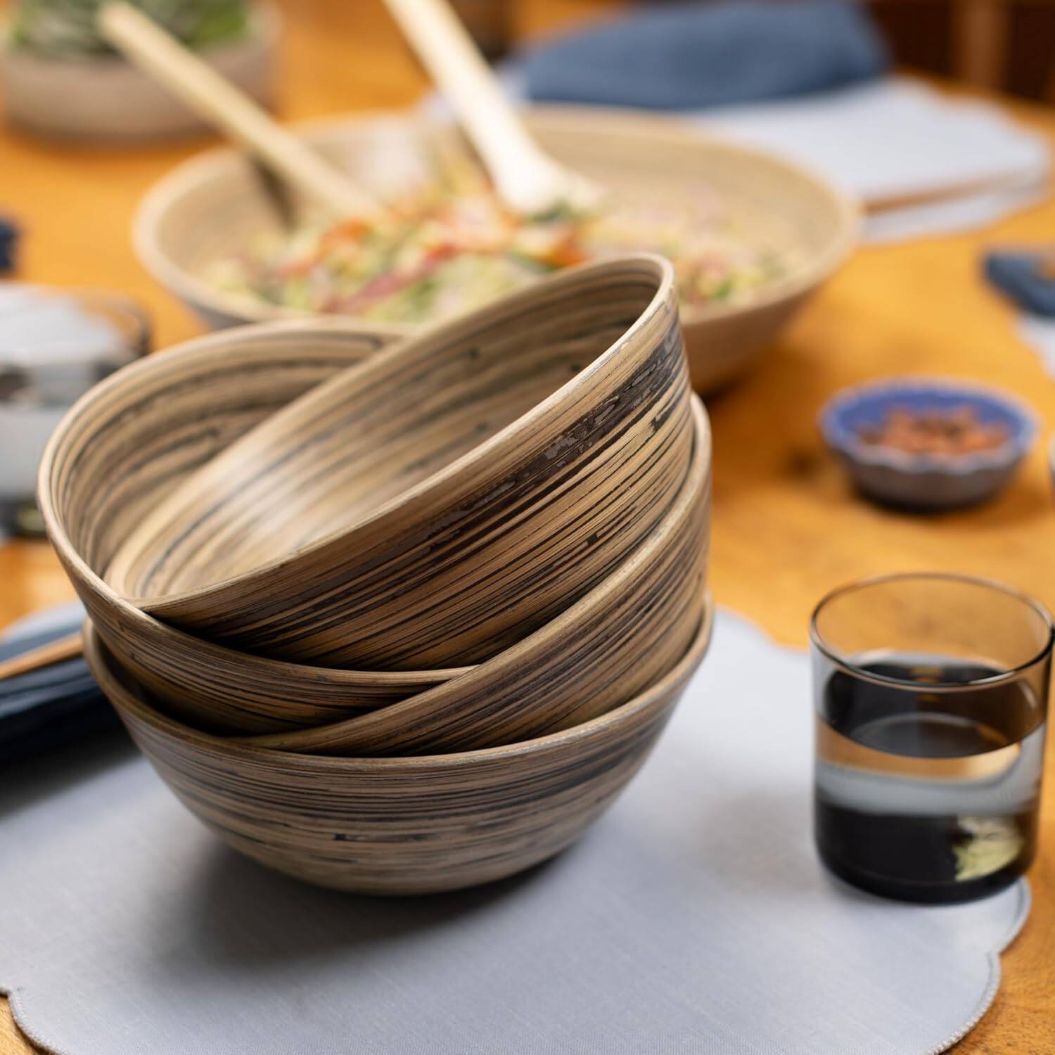 Angle. Lexa - Bamboo Salad Bowl Set, 8 Inch x 4, Black Bamboo - Black/Natural.