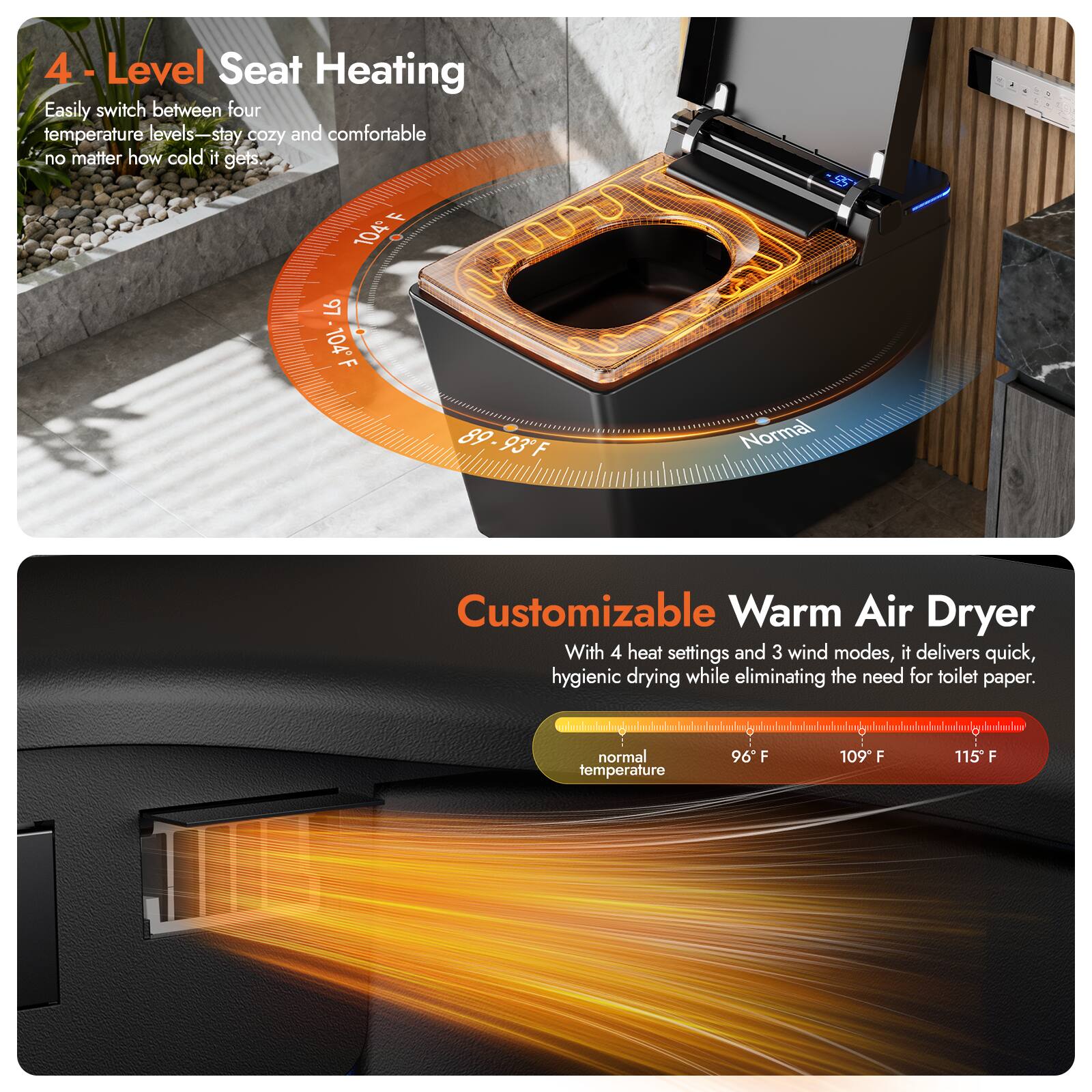 4 - Level Seat Heating  
Easily switch between four temperature levels—stay cozy and comfortable no matter how cold it gets.  

Customizable Warm Air Dryer  
With 4 heat settings and 3 wind modes, it delivers quick, hygienic drying while eliminating the need for toilet paper.  
normal temperature 96 F 109 F 115 F