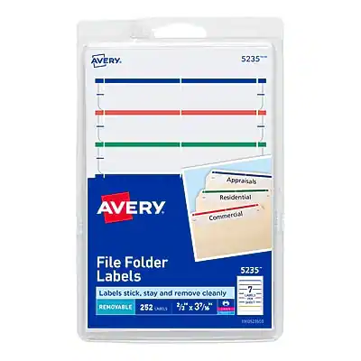 AVERY
5235 Appraisals
File Folder Labels
Labels stick, stay and remove cleanly
REMOVABLE
252 LABELS
3" x 37"
5235
7 n90523509