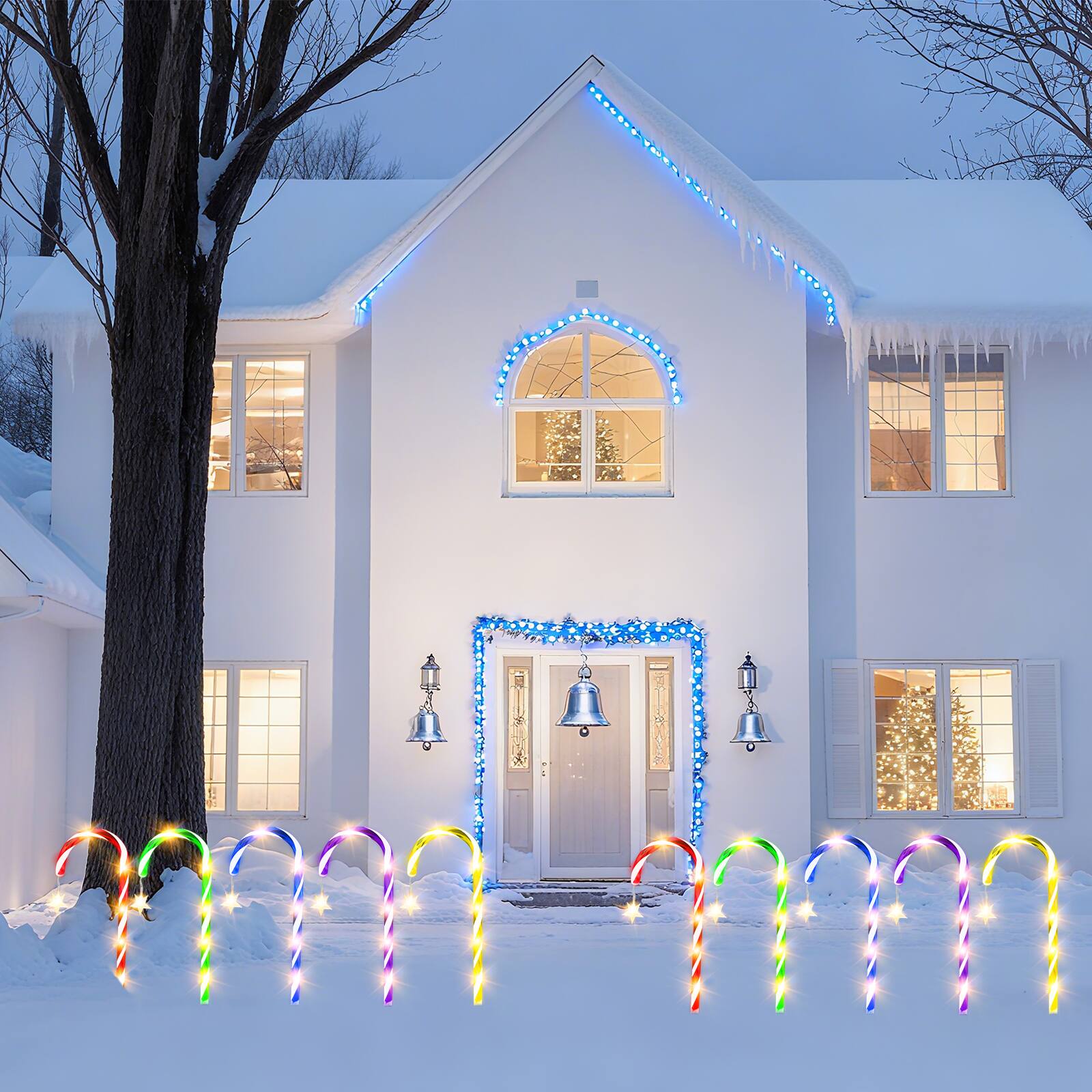 Angle. Oumilen - Solar Candy Cane Lights 10-in-1 Multicolor LED Christmas Pathway Lights.
