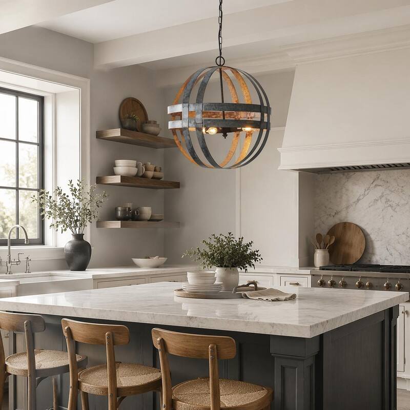 Left. RYHNUYNE - Industrial Globe Pendant Light, 4-Light Metal Cage Chandelier, Farmhouse Hanging Light for Dining Room Kitchen - Gray.