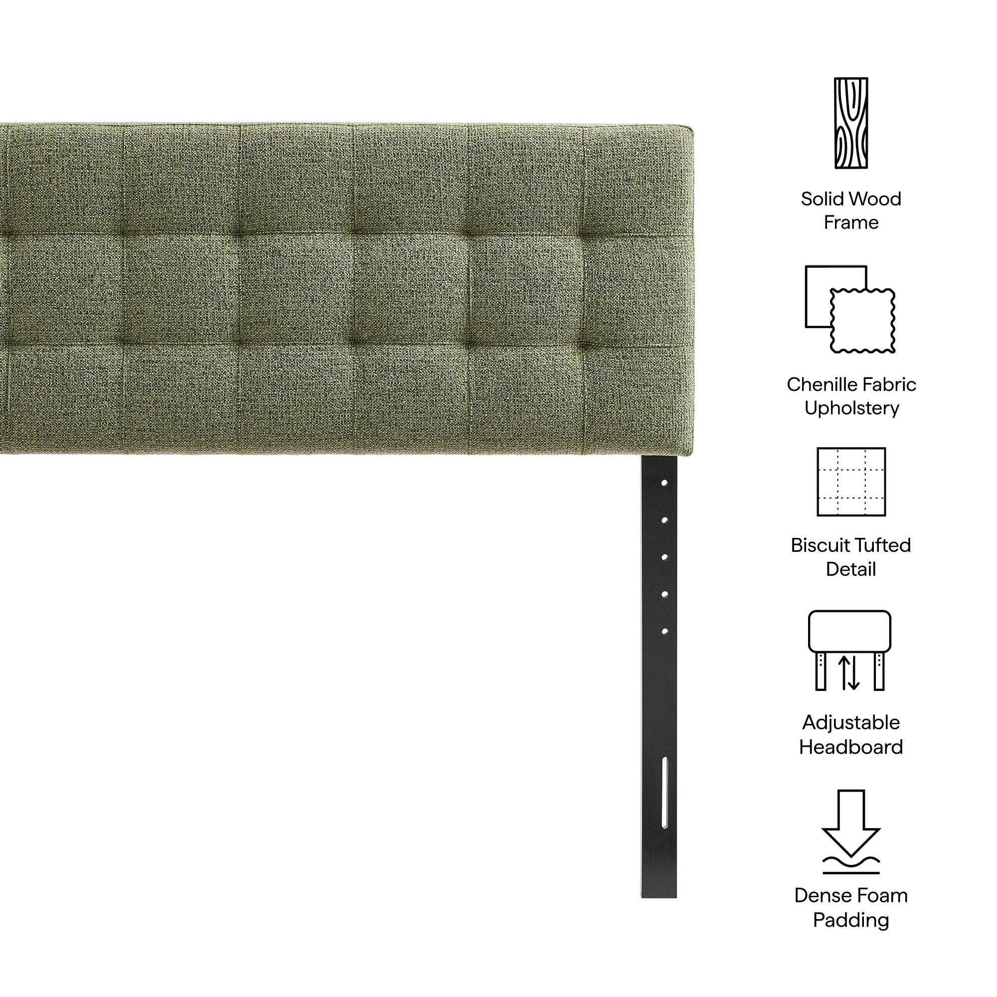 Solid Wood Frame  
Chenille Fabric Upholstery  
Biscuit Tufted Detail  
Adjustable Headboard  
Dense Foam Padding