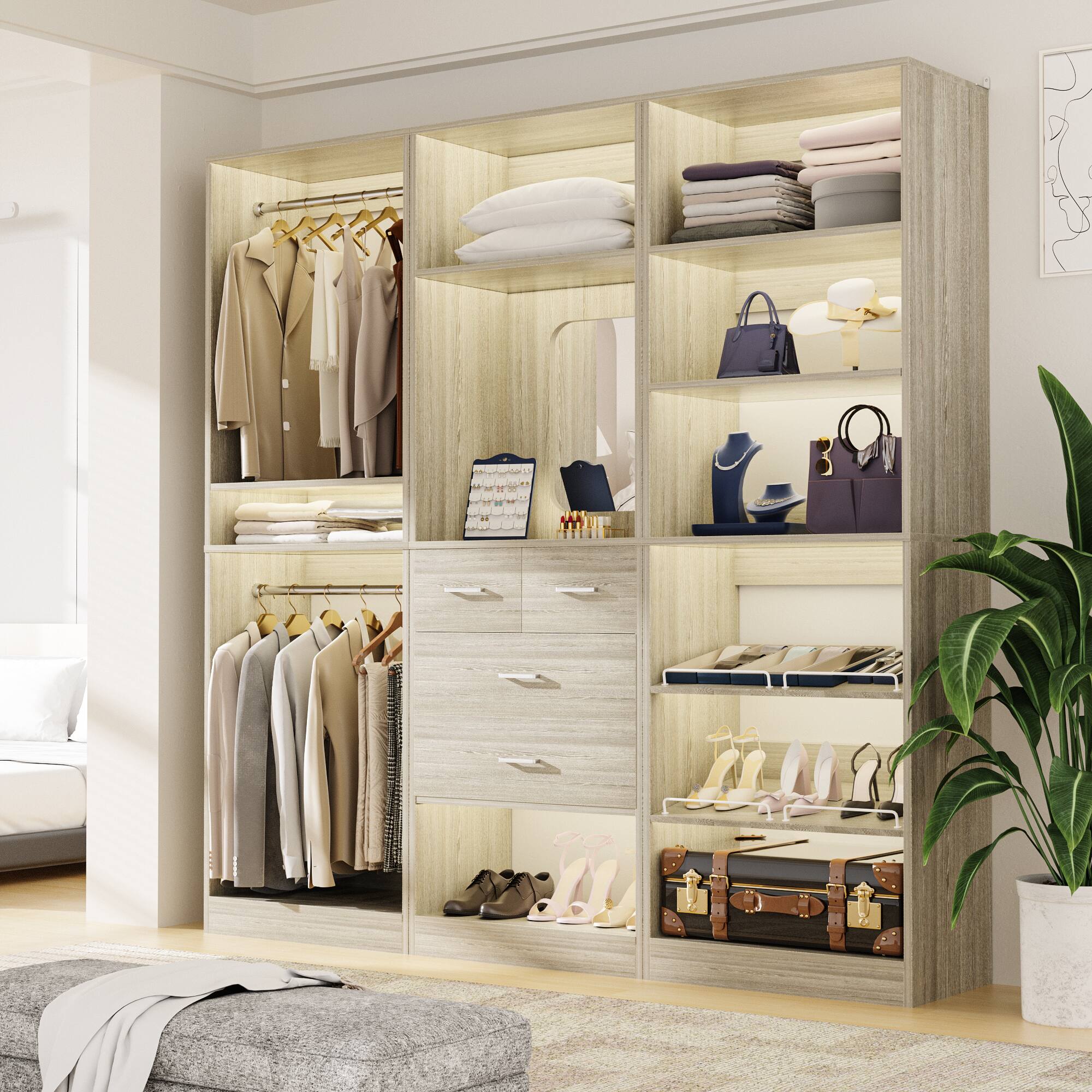 Alt View 3. Aheaplus - 75'' Wide Walk-in Closet Organizer System, All-in-One Storage System with Drawers, Hanging Rods and Shelves - Beige Oak.