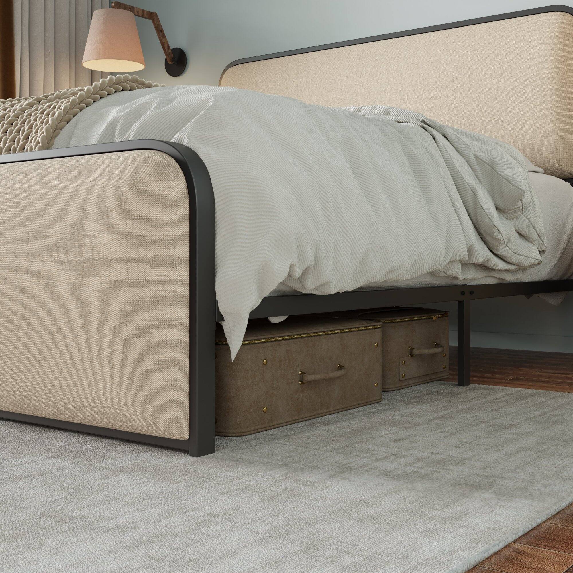 Alt View 6. GOODSILO - Modern Metal Bed Frame with Curved Upholstered Headboard and Footboard Featuring Under Bed Storage - Beige.